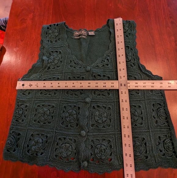 Cherry Stix Ltd. handmade knit/crochet vest, dark green, OS - Picture 9 of 10